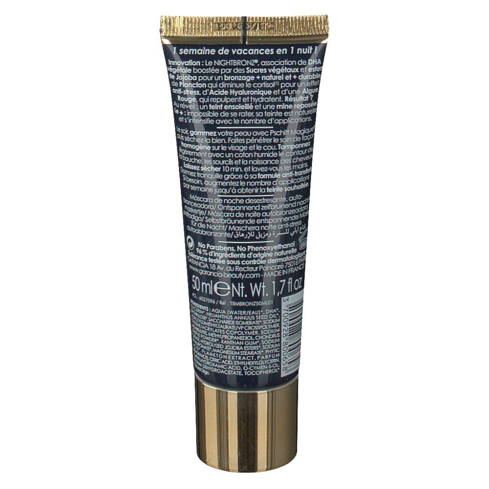 Rückseite des Tubus. Blaue Verpackung mit Text. Goldene Kappe. 50 ml. Inhaltsstoffe und Anweisungen.