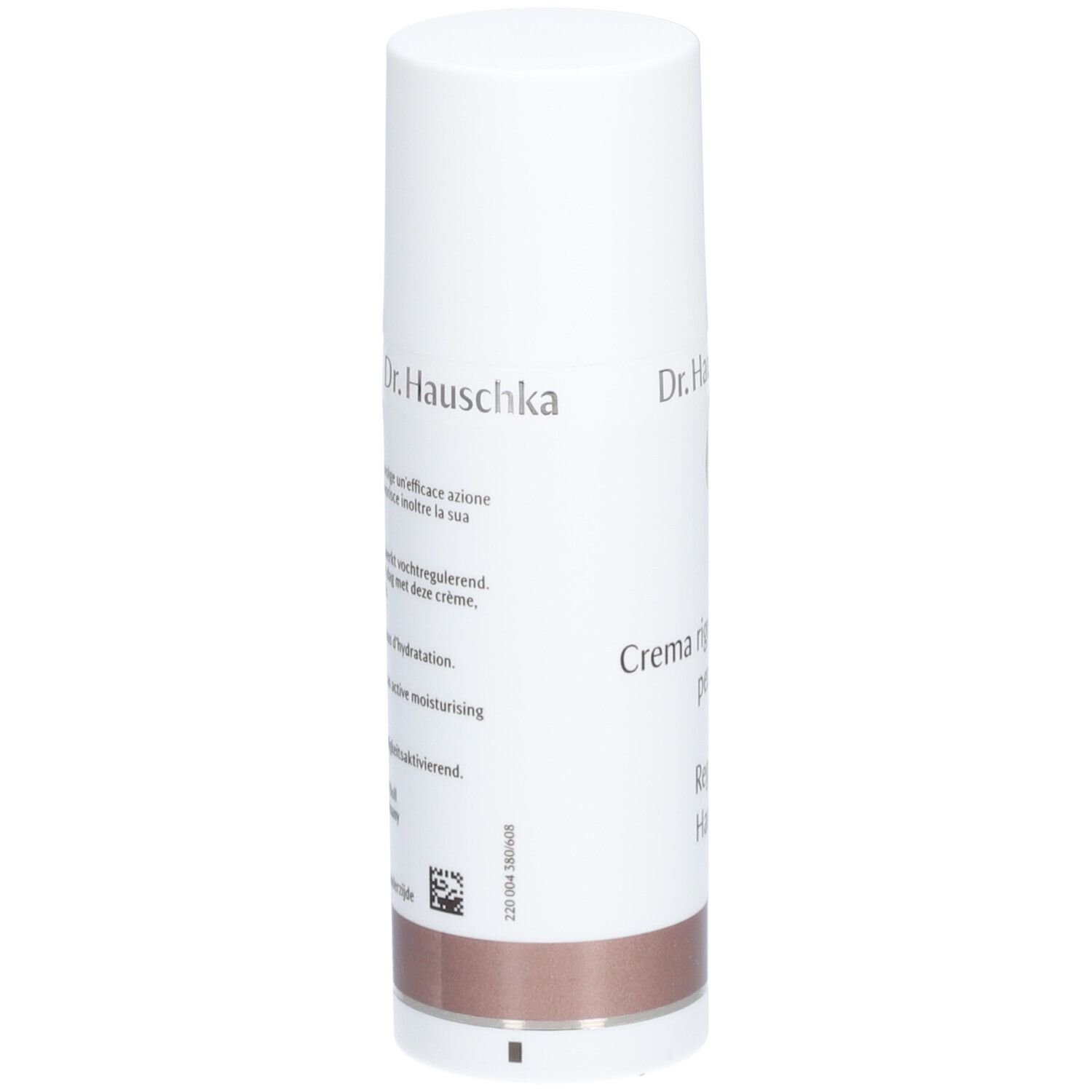Tube blanc avec texte. Inscription: Dr. Hauschka, Crème pour les Mains Régénérante. Partie inférieure: marron.