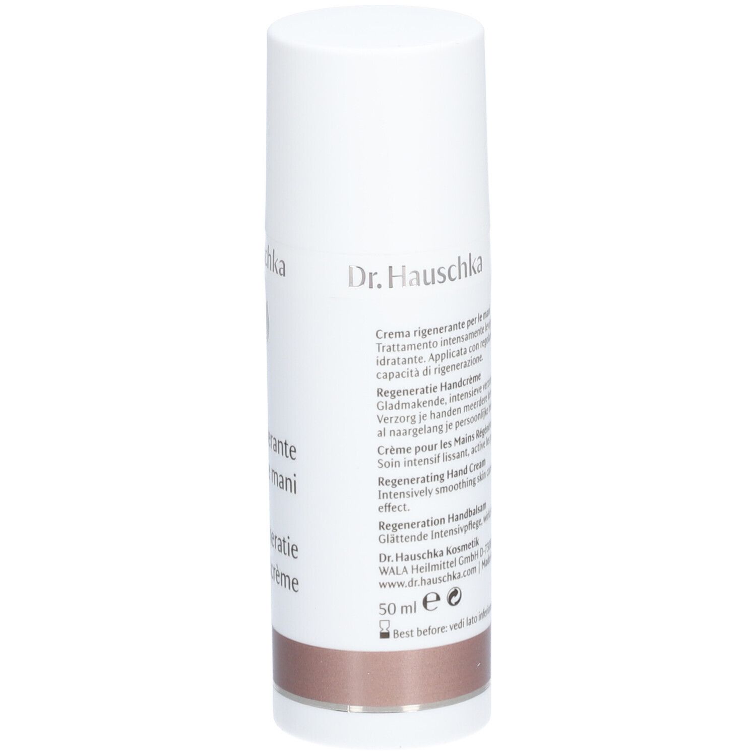 Tube blanc avec texte. Inscription: Dr. Hauschka, Crème pour les Mains Régénérante. Partie inférieure: marron. 50 ml.