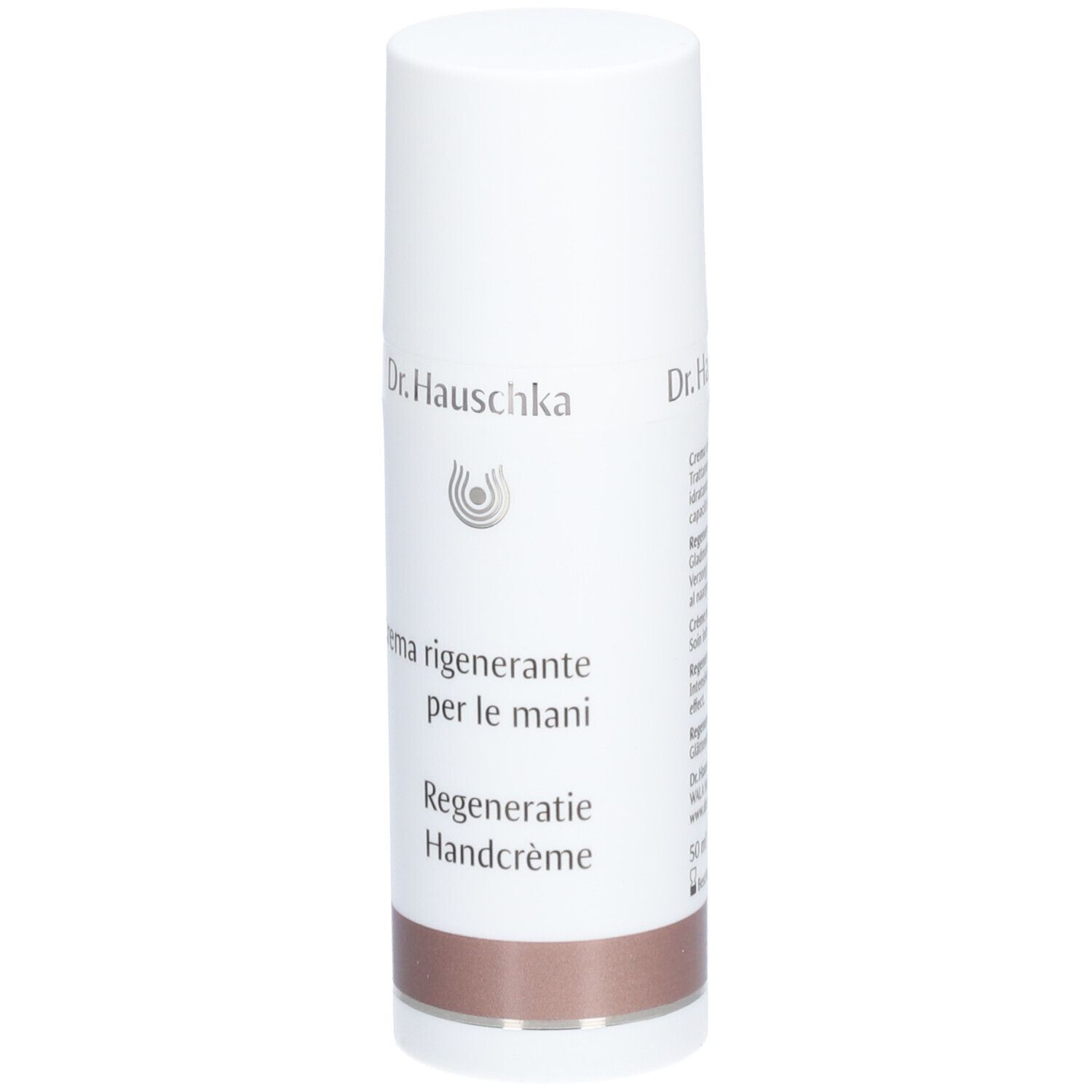 Tube blanc avec bouchon. Inscription: Dr. Hauschka, Crème pour les Mains Régénérante. Partie inférieure: marron.