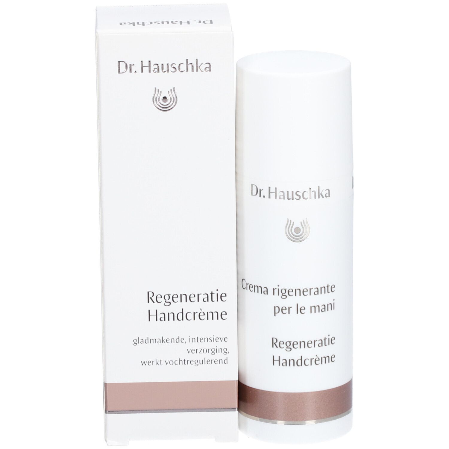 Tube et boîte blancs. Inscription: Dr. Hauschka, Crème pour les Mains Régénérante. Partie inférieure: marron.