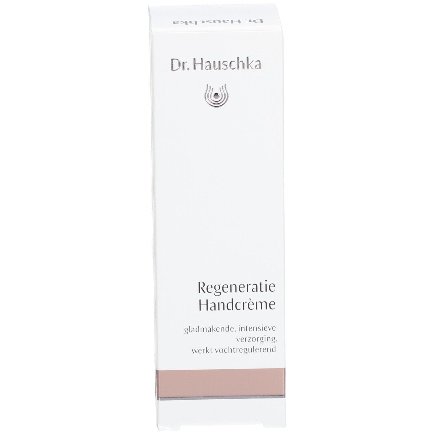 Boîte blanche. Inscription: Dr. Hauschka, Crème pour les Mains Régénérante. Partie inférieure: marron.