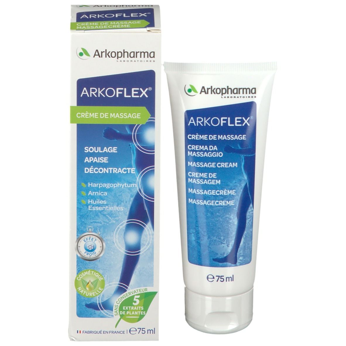 Emballage produit avec tube et boîte. Logo ARKOFLEX et nom du produit. 75ml.