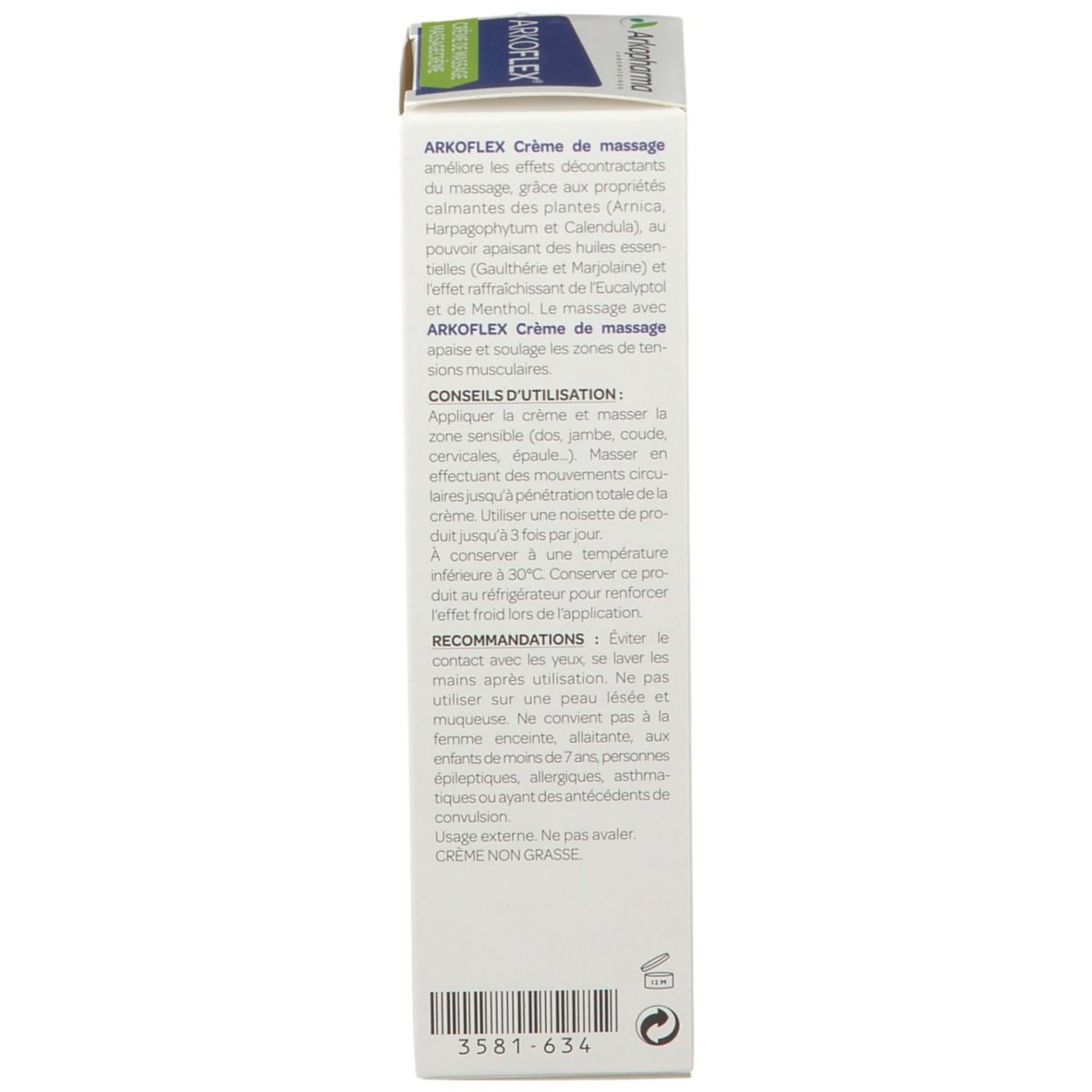 Vue latérale de l'emballage carton. Contient des informations d'utilisation et des ingrédients.