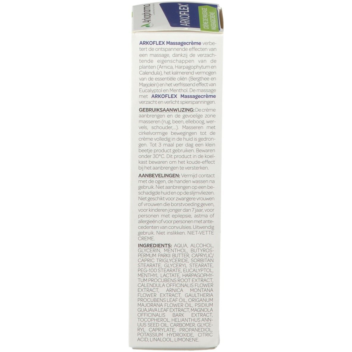 Dos de l'emballage carton. Contient des informations d'utilisation et des ingrédients.