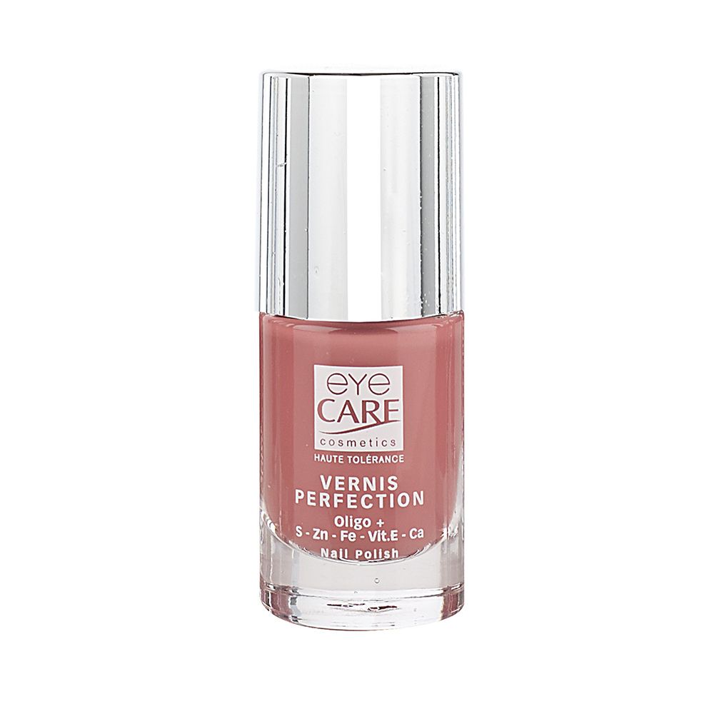 Nagellakflesje met roze inhoud. Zilverkleurige dop. Opschrift: Eye Care, Vernis Perfection, Oligo+.