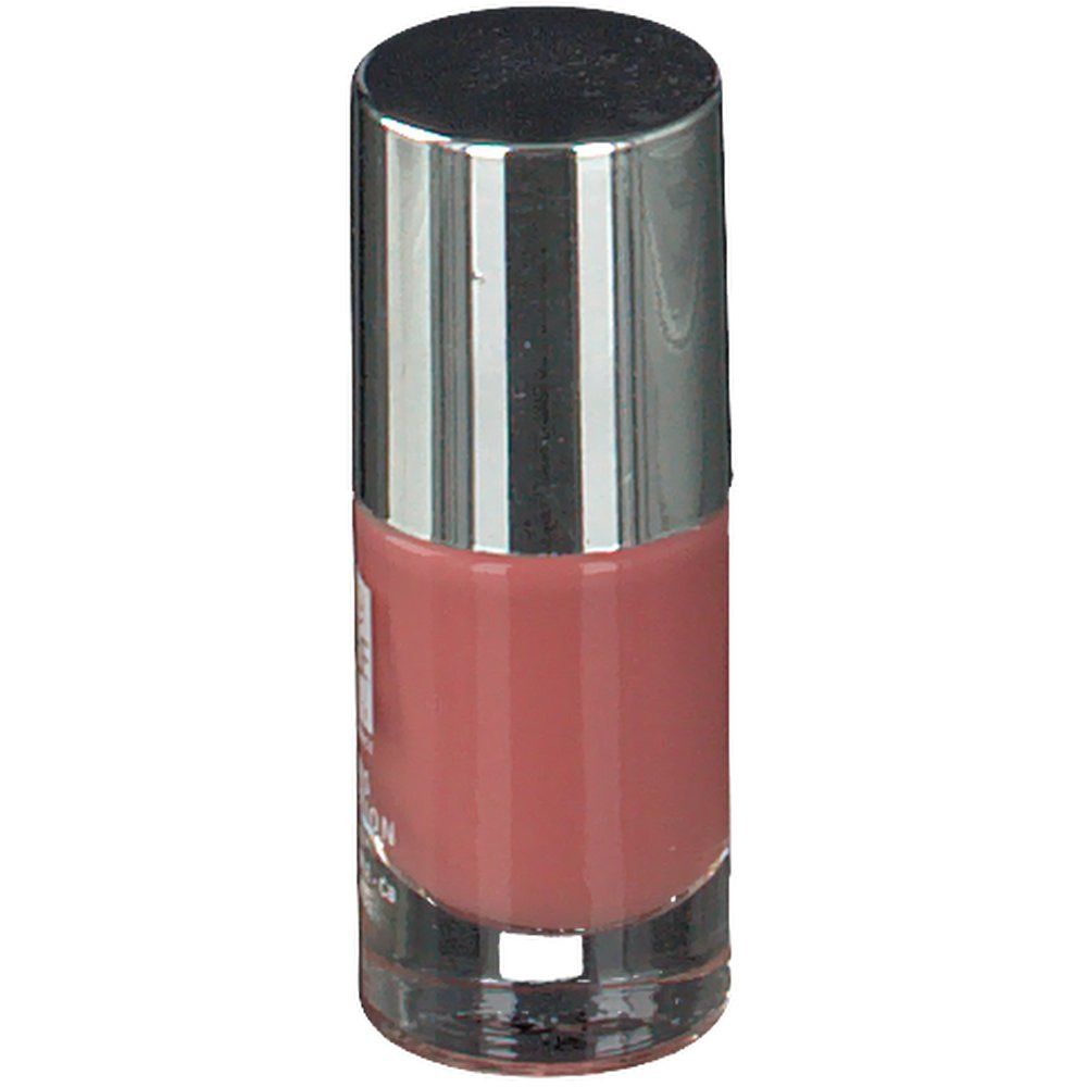 Nagellakflesje, roze inhoud, zilverkleurige dop. Perspectief.