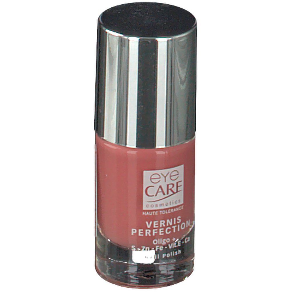 Nagellakflesje met roze inhoud. Zilverkleurige dop. Opschrift: Eye Care, Vernis Perfection, Oligo+.