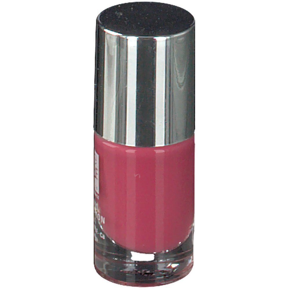 Flacon de vernis à ongles rose avec bouchon argenté. Inscription illisible.