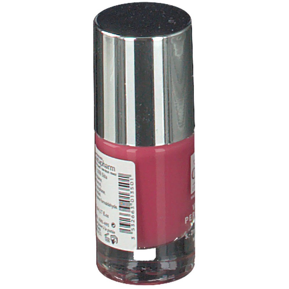 Flacon de vernis à ongles rose avec bouchon argenté. Étiquette avec texte et code-barres.