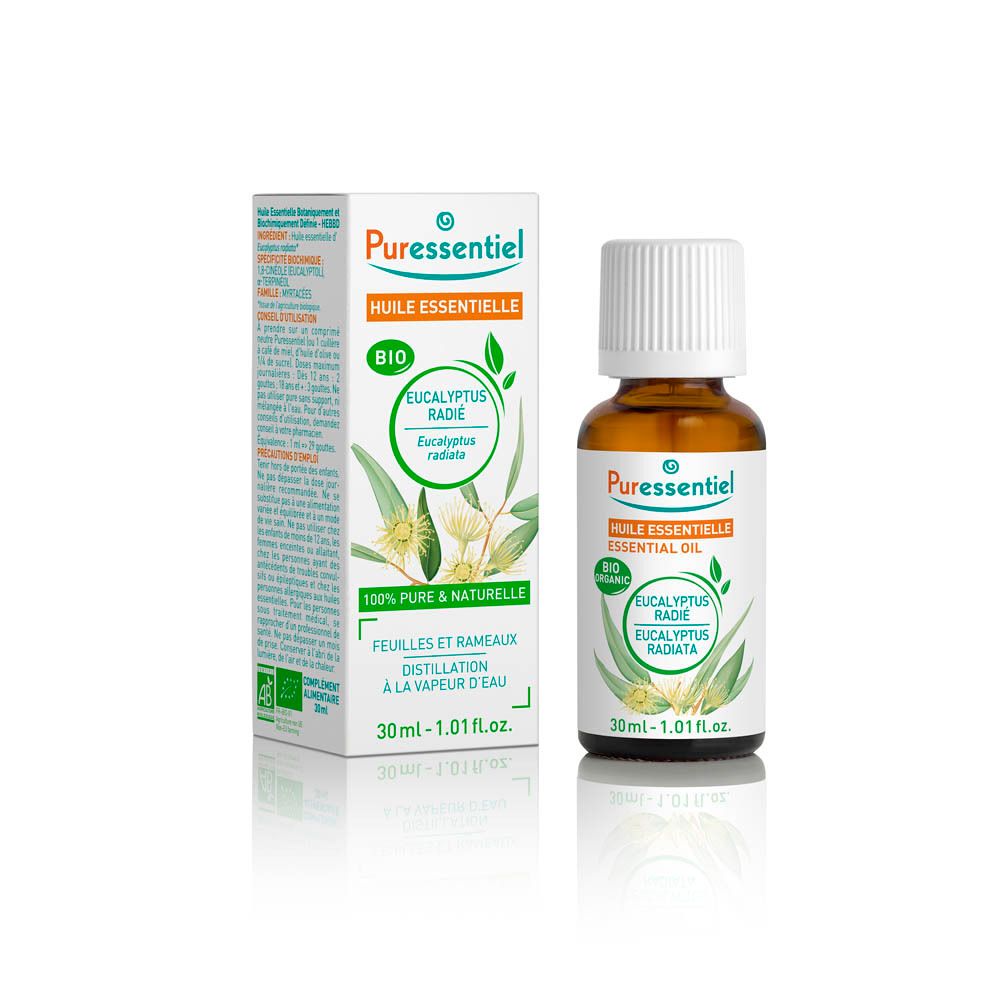 Flacon en verre brun et bouchon blanc, avec boîte. Inscription: Puressentiel, Eucalyptus Radié BIO. 30ml.