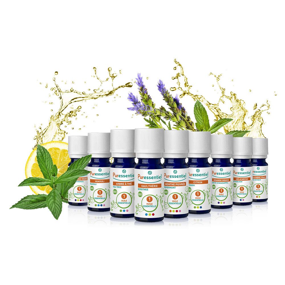 Meerdere flessen met etiketten. Label: Puressentiel. Extra ingrediënten: citroen, lavendel, munt. Vloeistofspatten.