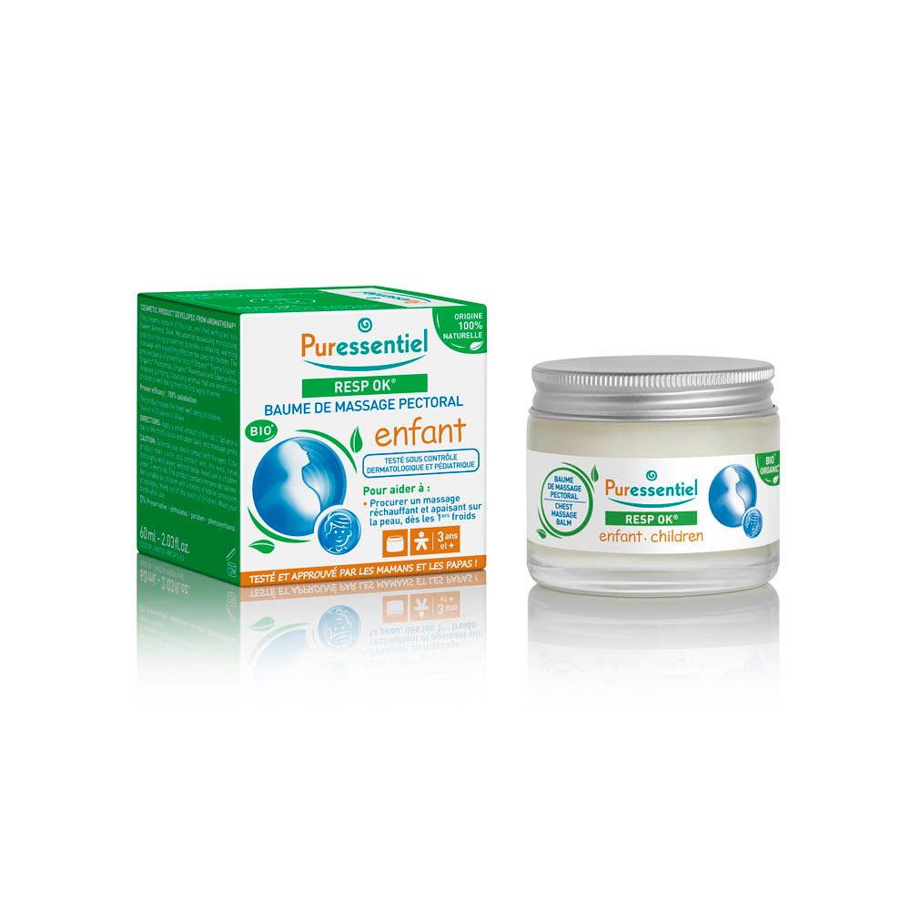 Pot en verre avec couvercle argenté et emballage vert. Inscription: Puressentiel RESP OK, Baume de massage pectoral enfant.