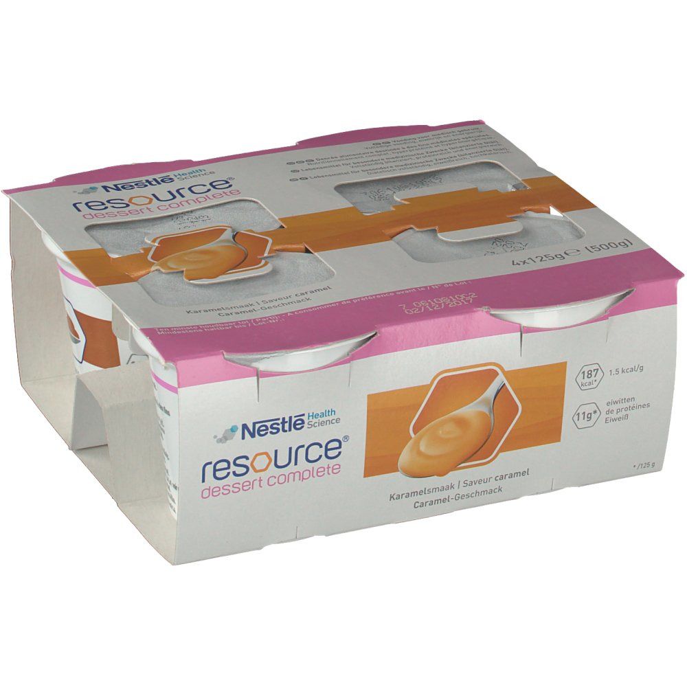 Emballage de quatre pots. Inscription: Nestle Resource Dessert Complete Caramel. Emballage rose et blanc.