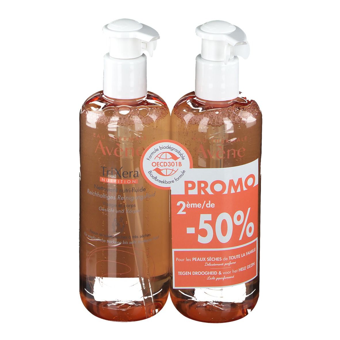 Deux flacons avec pompe blanche. Étiquettes avec nom du produit et « PROMO -50% ». Logo biodégradable.