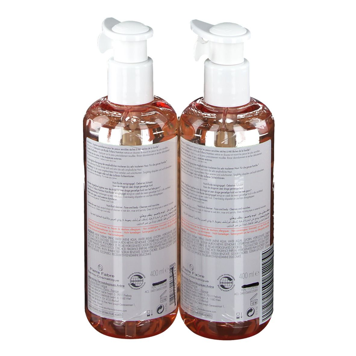 Deux flacons avec pompe blanche. Informations produit au dos. 400 ml.