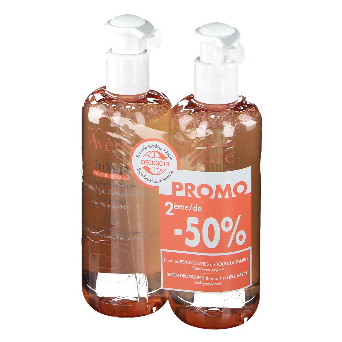 Deux flacons avec pompe blanche. Étiquettes avec nom du produit et « PROMO -50% ». Logo biodégradable.