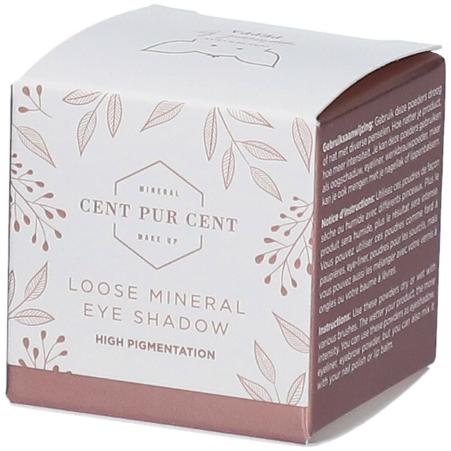 Boîte de fard à paupières minéral Cent Pur Cent. Carton blanc et marron. Nom et description du produit.