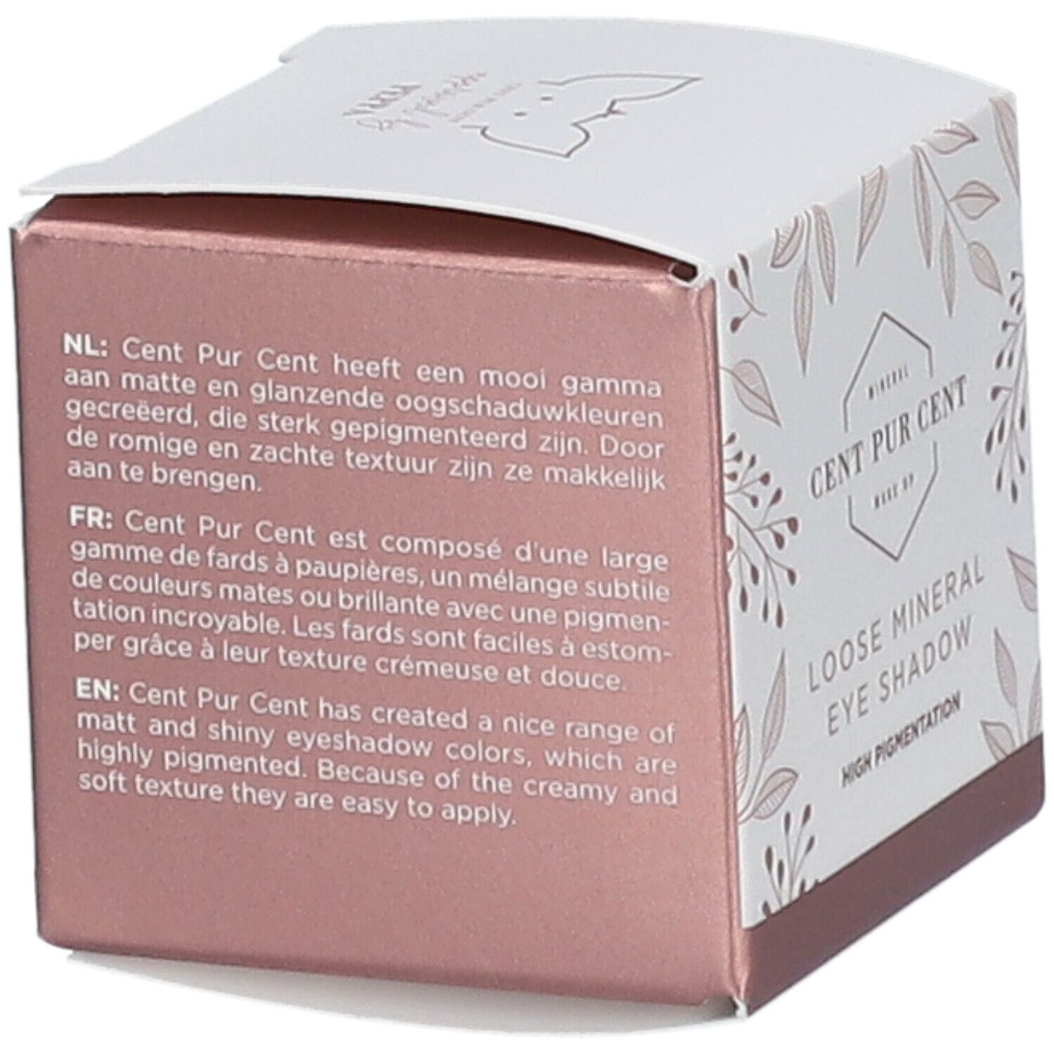 Côté de la boîte de fard à paupières Cent Pur Cent. Texte en allemand, français et anglais. Description du produit.