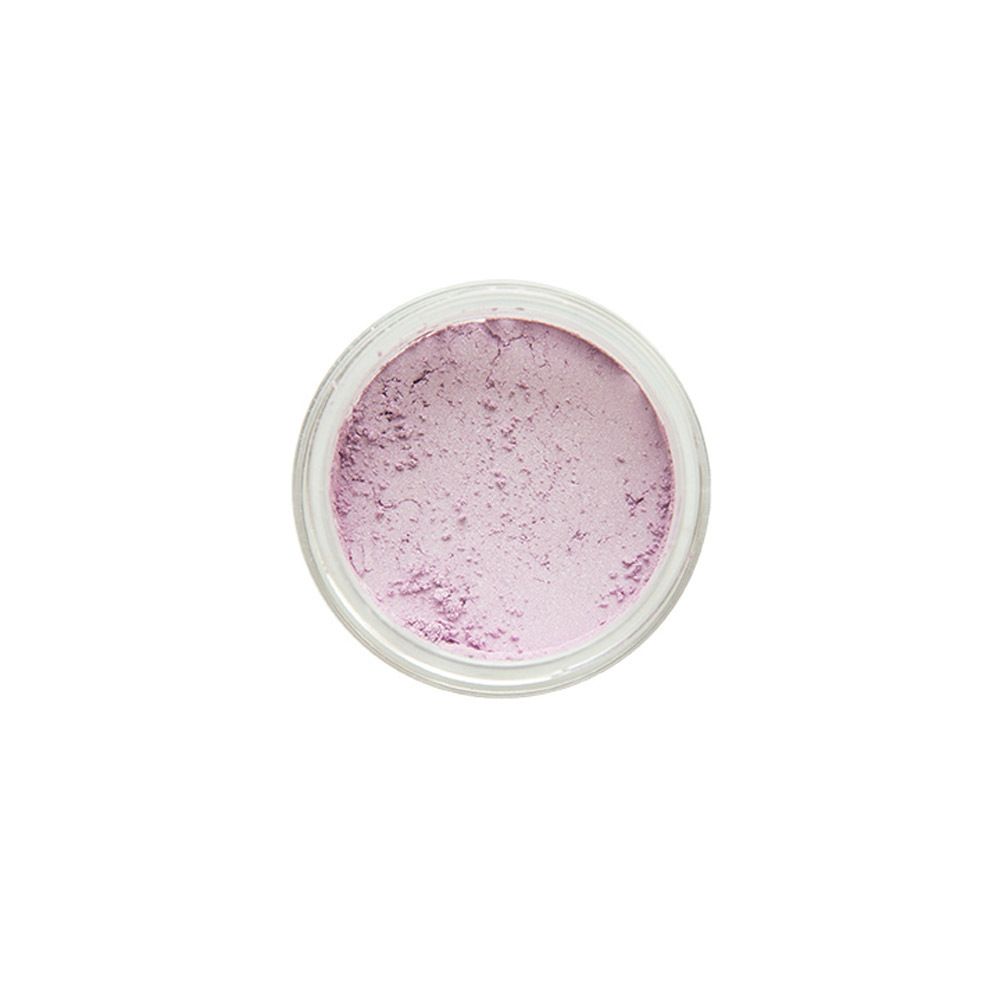 Vue de dessus d'un pot de fard à paupières lilas. Produit visible.