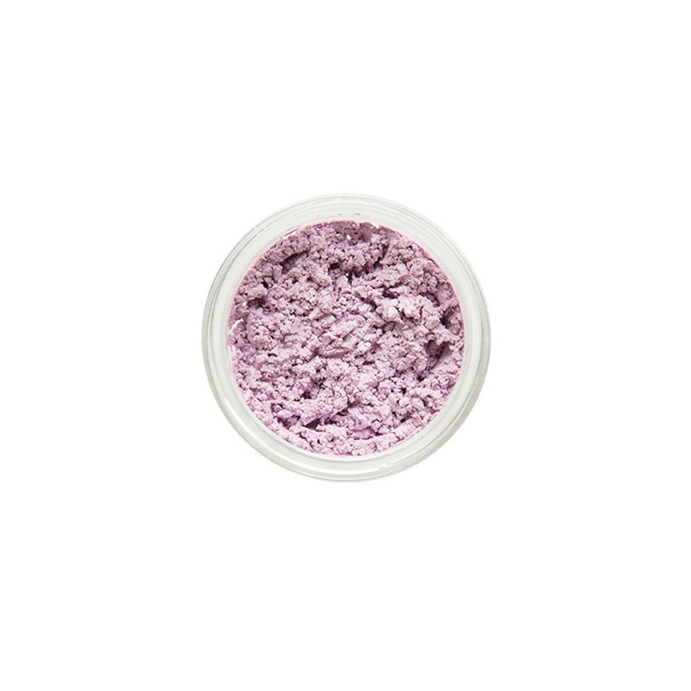 Vue de dessus d'un pot de fard à paupières lilas. Produit visible.