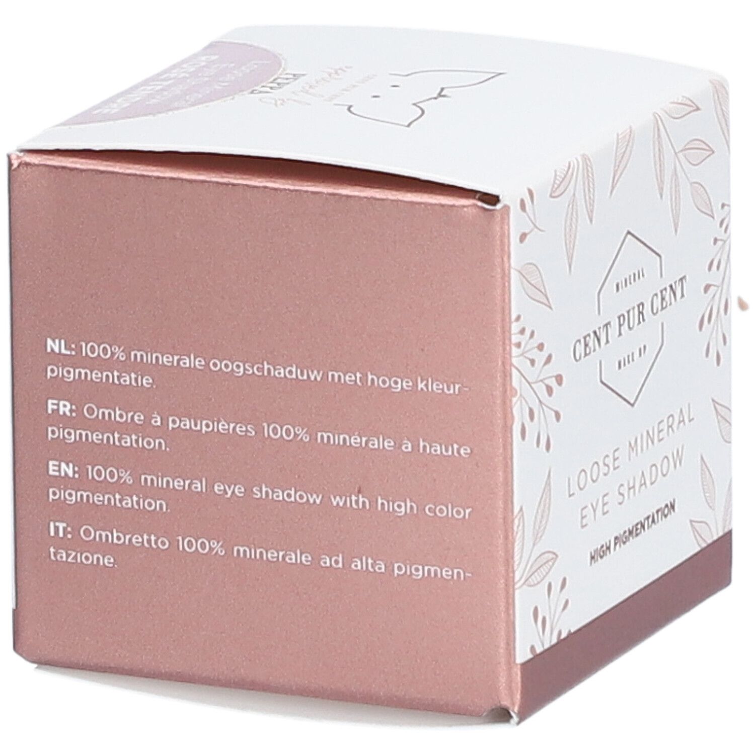 Emballage Cent Pur Cent Loose Mineral Eye Shadow. Texte en NL, FR, EN, IT. Informations produit et logo de la marque.