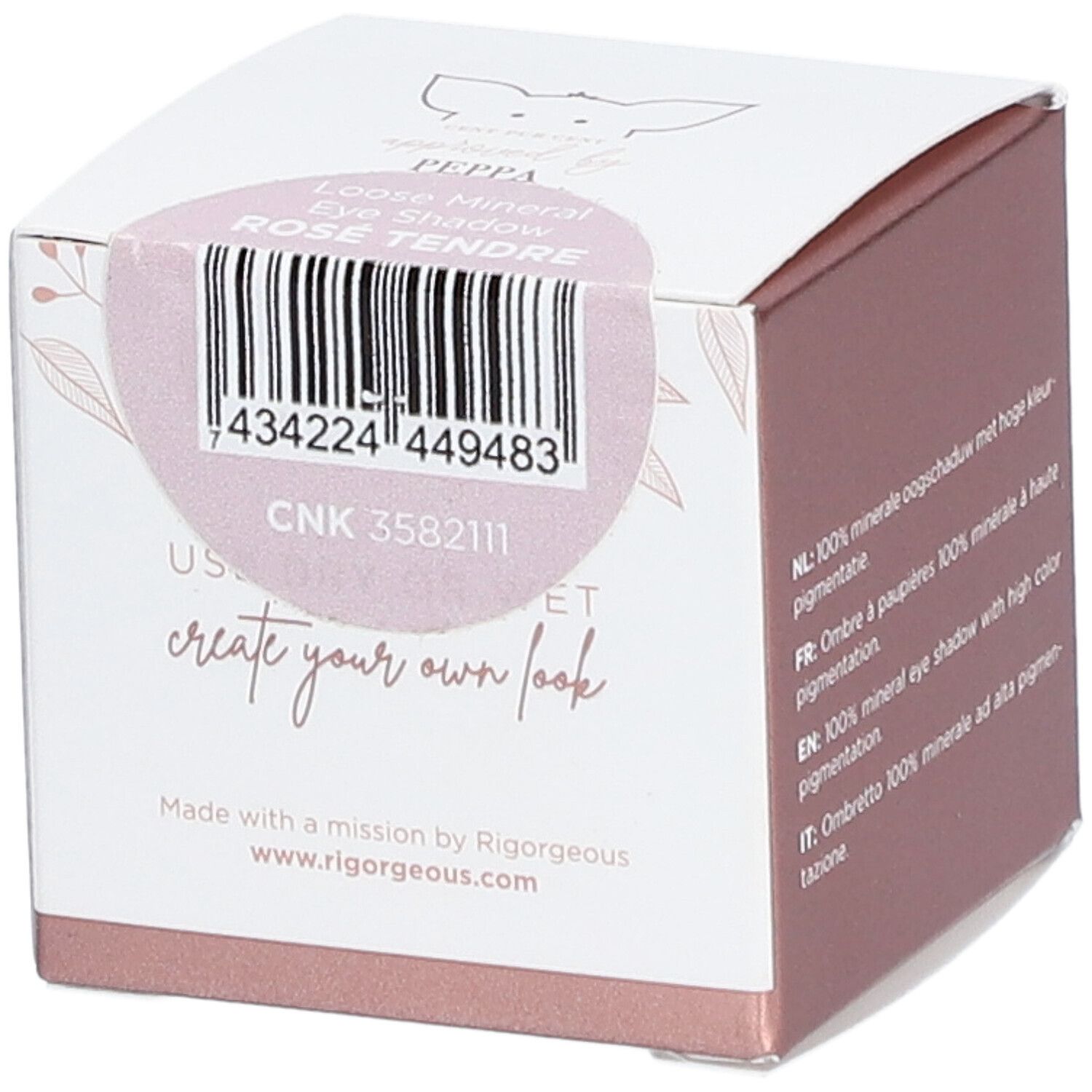 Emballage Cent Pur Cent. Autocollant avec code-barres et nom du produit: Rose Tendre. Texte: create your own look.