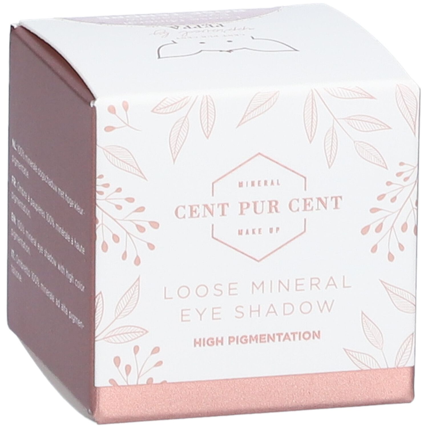 Boîte blanche Cent Pur Cent Loose Mineral Eye Shadow. Motif floral et logo. Texte: High Pigmentation.