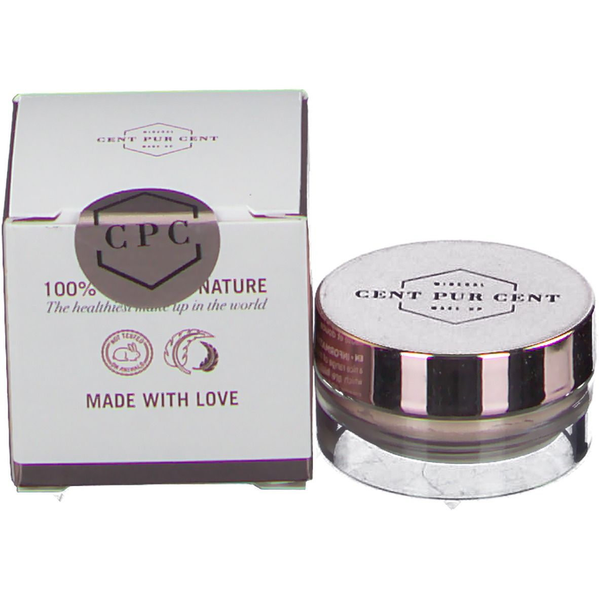 Pot de fard à paupières Cent Pur Cent et emballage. Pot avec couvercle rose. Texte: CPC, 100% nature, Made with love.