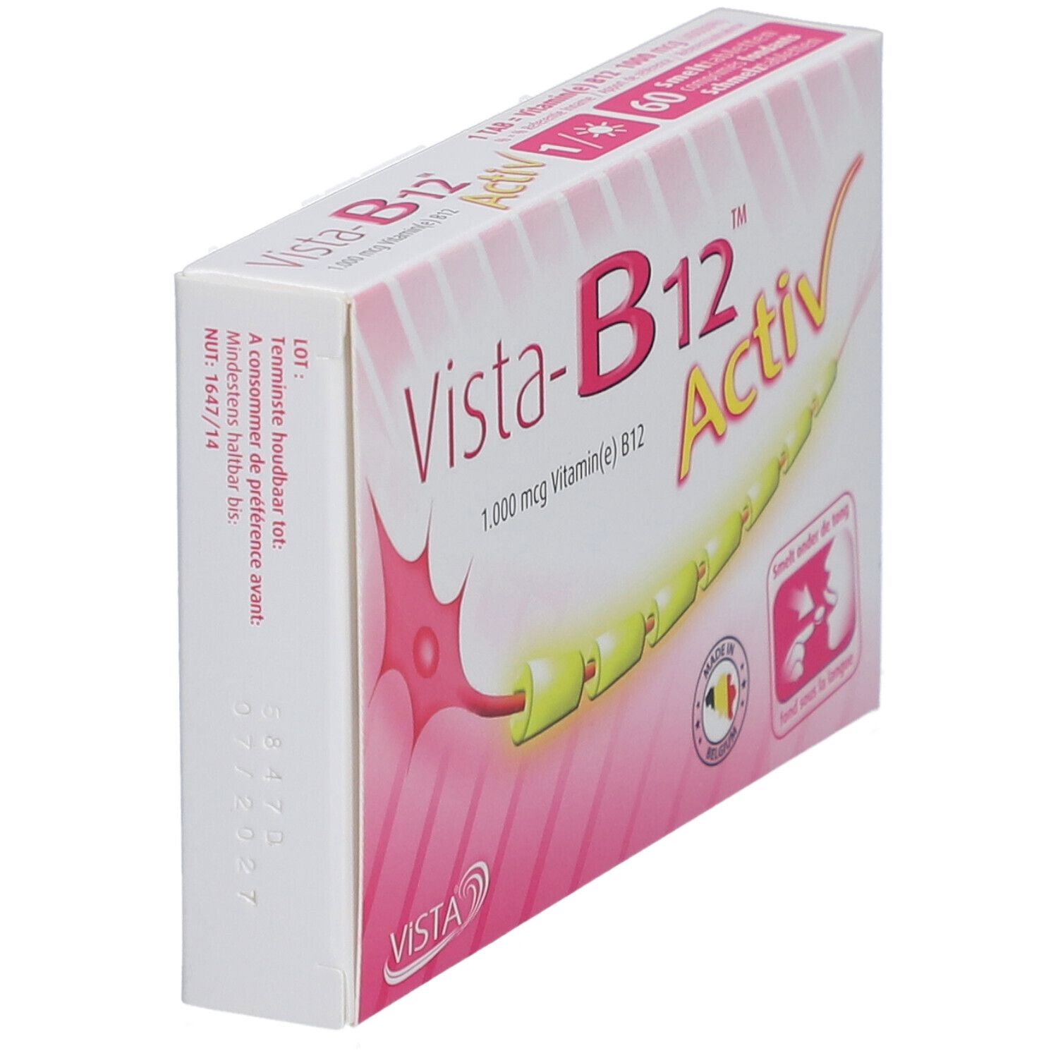 Roze doos Vista-B12 Activ. Bevat 1.000 mcg vitamine B12. Tekst "Smelt onder de tong". Zicht van boven en schuin.