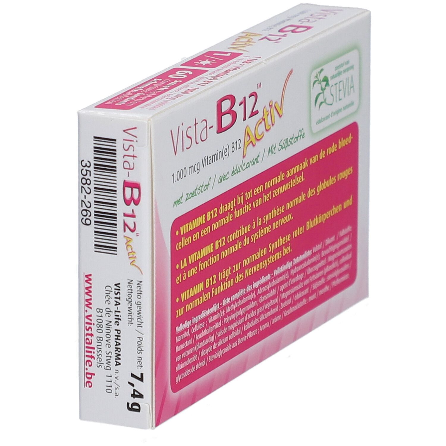 Achterkant Vista-B12 Activ doos. Informatie, nettogewicht 7,4g. Met Stevia-logo.