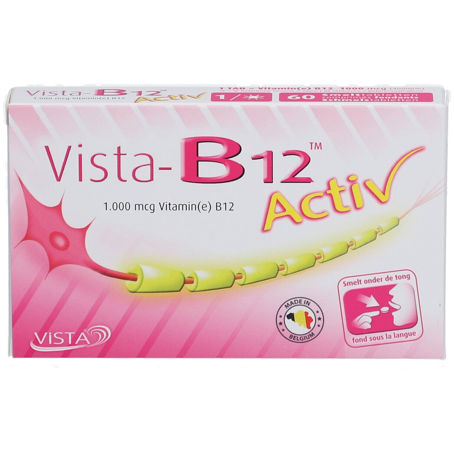 Roze doos Vista-B12 Activ. Bevat 1.000 mcg vitamine B12. Illustratie van een zenuw en tekst "Smelt onder de tong".