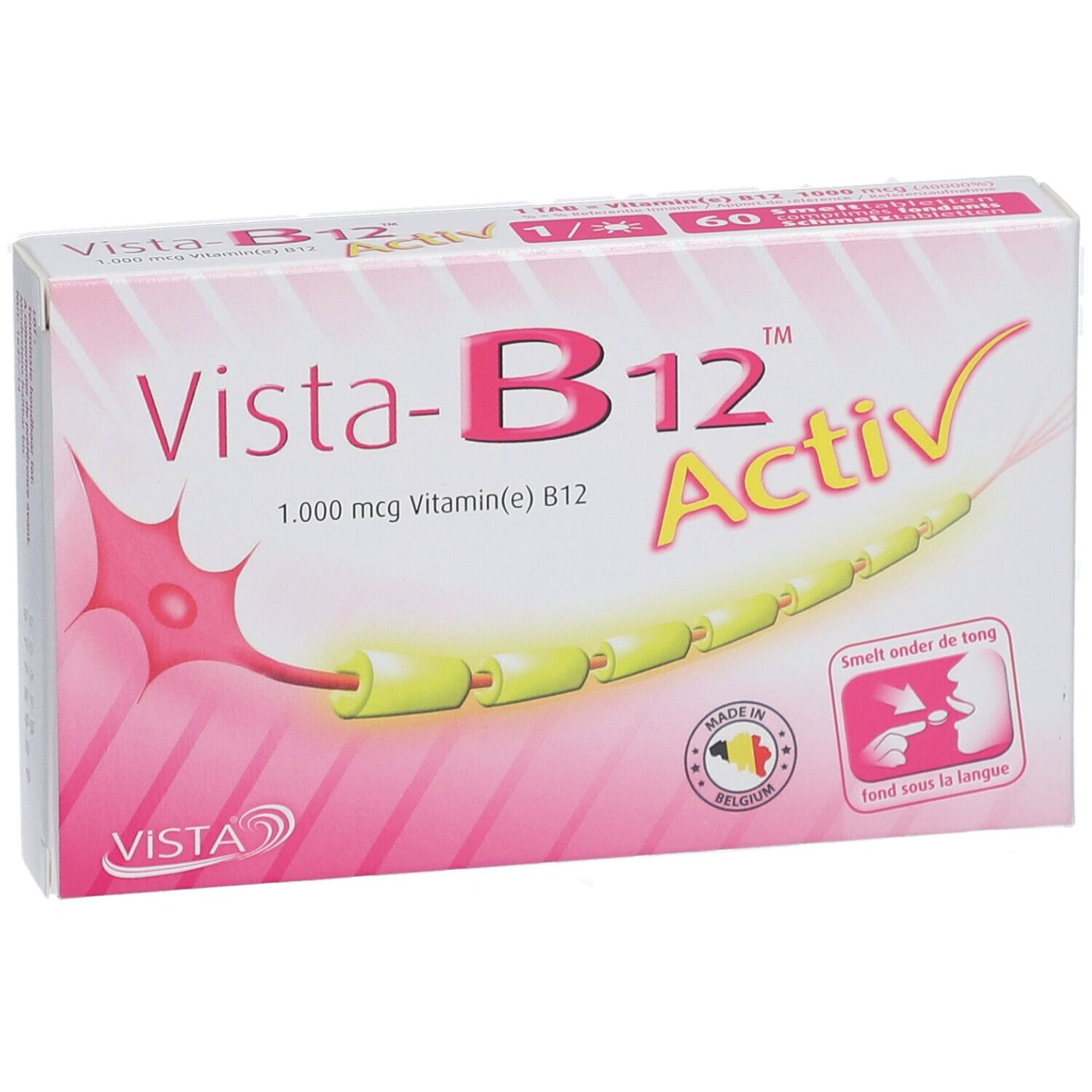 Roze doos Vista-B12 Activ. Bevat 1.000 mcg vitamine B12. Illustratie van een zenuw en tekst "Smelt onder de tong".