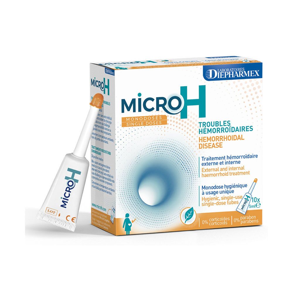 Scatola di tubi monodose Micro H. Testo: Troubles hémorroïdaires. Tubo singolo con applicatore.