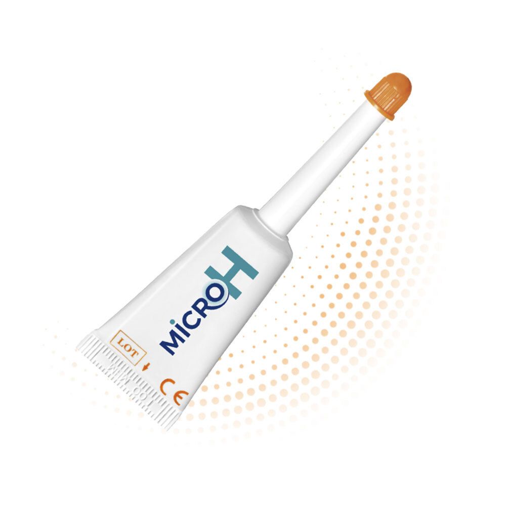 Tubo singolo con applicatore. Nome del prodotto Micro H. Tubo bianco con punta arancione.