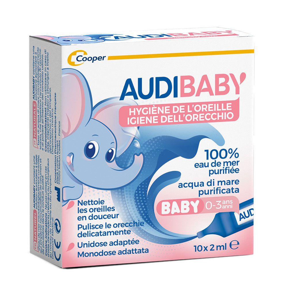 Doos met productnaam en olifant-cartoon. Tekst: Oorhygiëne, 100% zeewater, Baby 0-3 jaar.