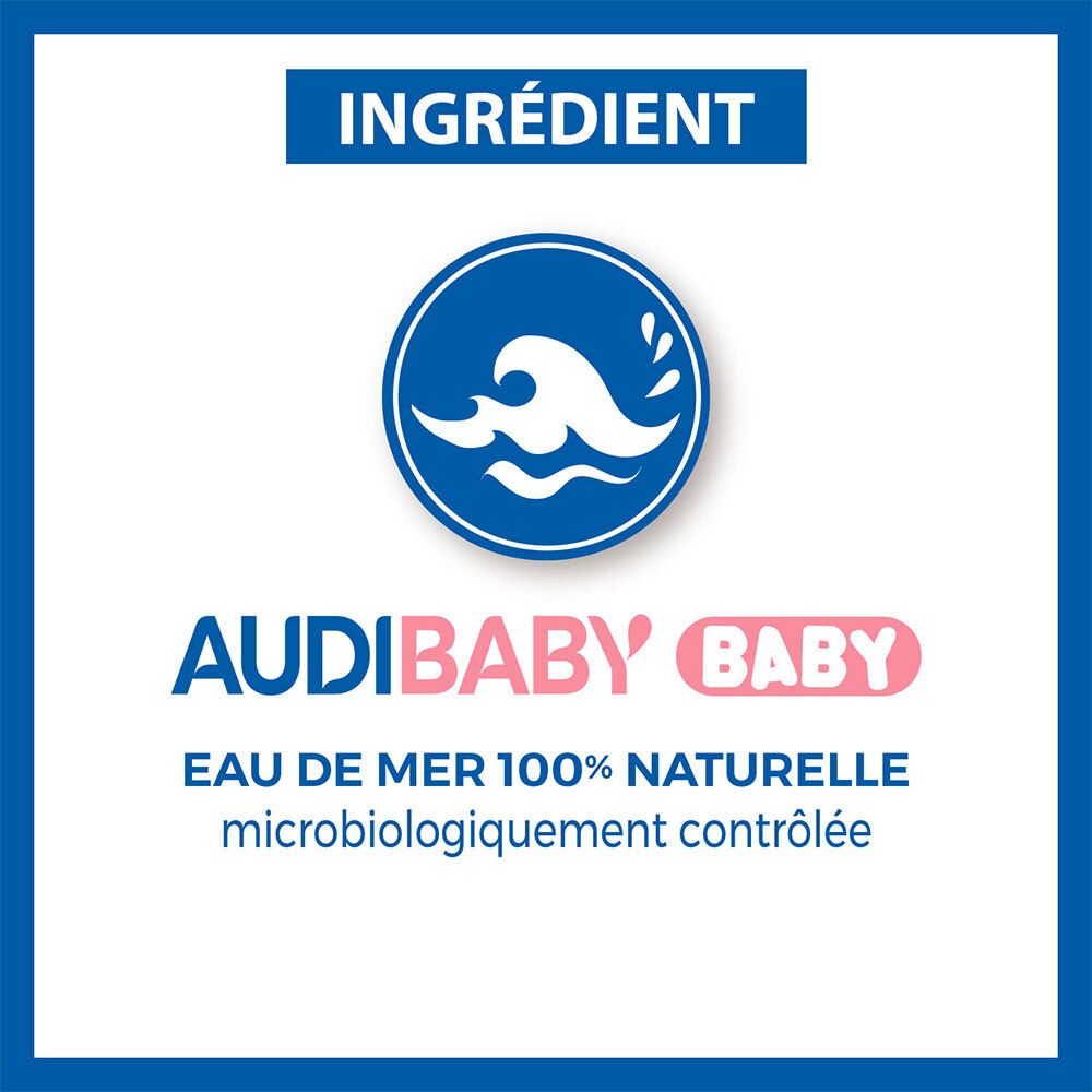 Cirkelvormig logo met golven en tekst: 100% natuurlijk zeewater. Productnaam en baby logo.