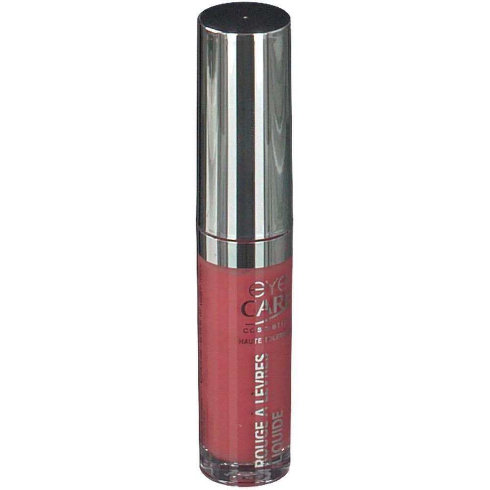 Rouge à lèvres liquide avec bouchon argenté. Inscription: Eye Care, Rouge à Lèvres Liquide.