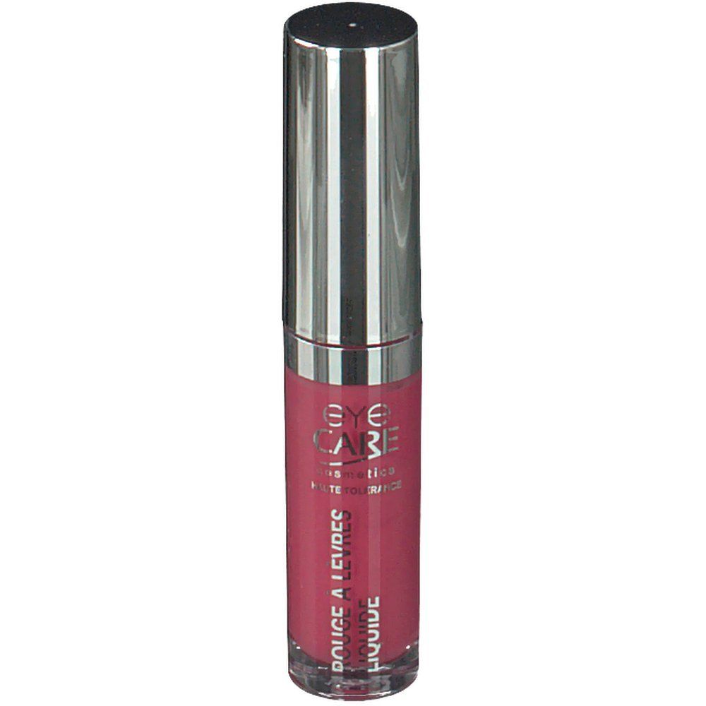 Rouge à lèvres liquide avec bouchon argenté. Inscription: Eye Care. Couleur: Nisha. Vue verticale.