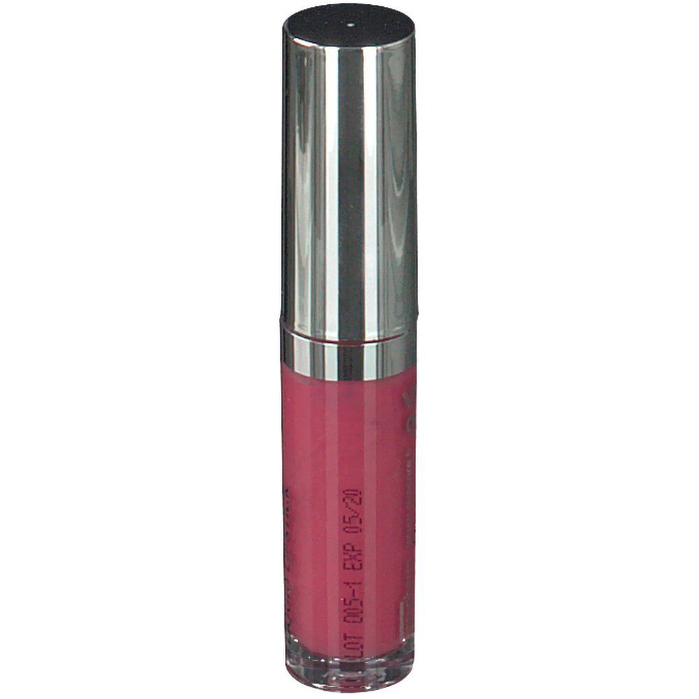 Rouge à lèvres liquide avec bouchon argenté. Couleur: Nisha. Inscription: LOT 005-1 EXP 05-20. Vue verticale.