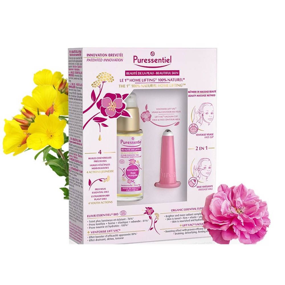 Coffret Pureessentiel. Contient flacon, ventouse et fleurs. Texte: Home Lifting. Beauté de la peau.