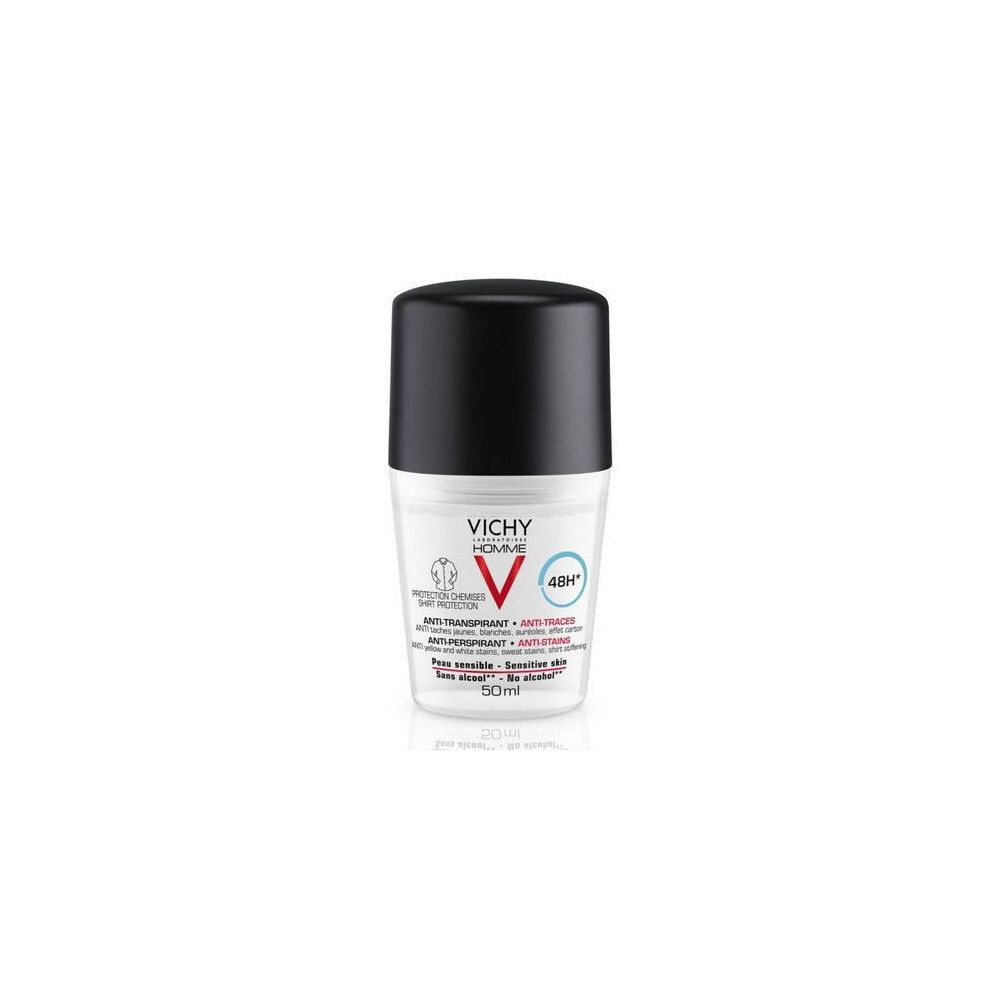 Roll-on déodorant noir et blanc. Inscription: VICHY HOMME, Anti-transpirant 48h. Peau sensible, sans alcool.