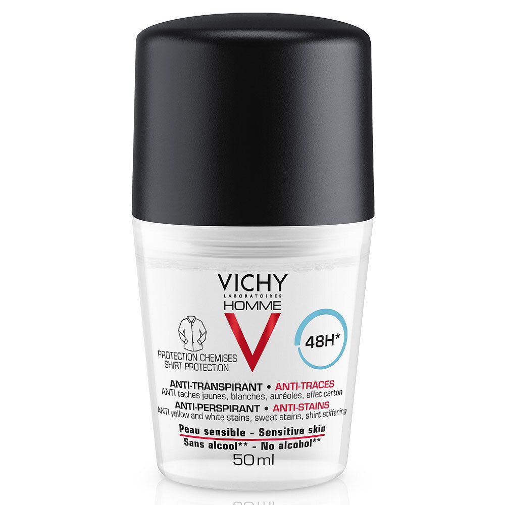 Roll-on déodorant noir et blanc. Inscription: VICHY HOMME, Anti-transpirant 48h. Peau sensible, sans alcool.