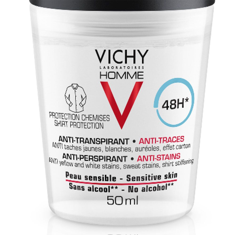 Gros plan sur le roll-on déodorant. Inscription: VICHY HOMME, Anti-transpirant 48h. Peau sensible, sans alcool.