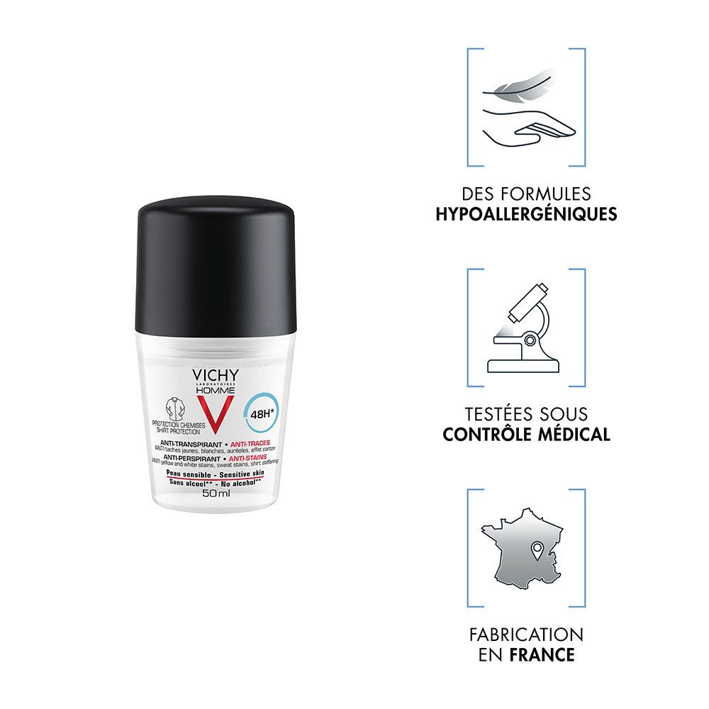 Roll-on déodorant avec icônes: hypoallergénique, testé sous contrôle médical, fabriqué en France. Inscription: VICHY HOMME, 48h.