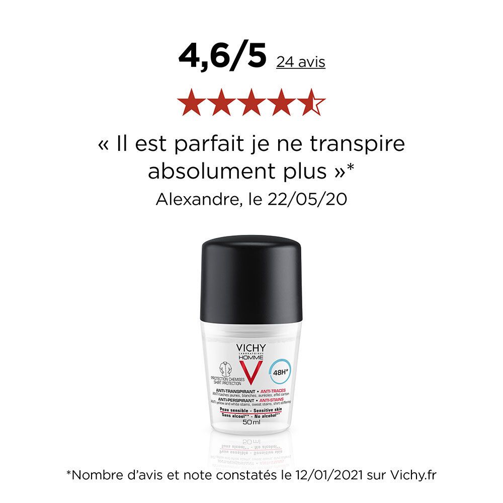 Roll-on déodorant avec avis client: 4,6/5 étoiles. Citation: 'Il est parfait je ne transpire absolument plus'. Inscription: VICHY HOMME, 48h.