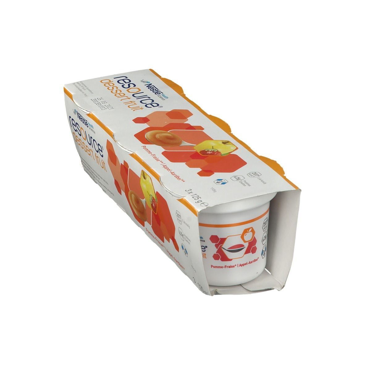 Emballage de trois pots Resource Dessert Fruit. Saveur pomme-fraise. Logos et noms de produits visibles.