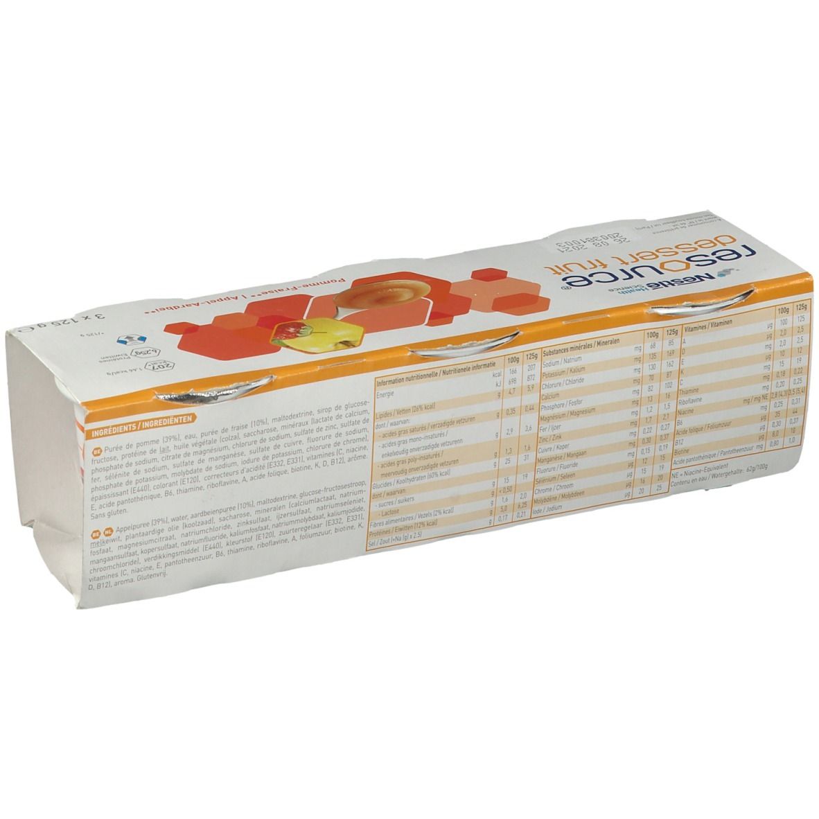 Dos de l'emballage Resource Dessert Fruit. Contient des informations nutritionnelles et des listes d'ingrédients. Nom et logo du produit visibles.