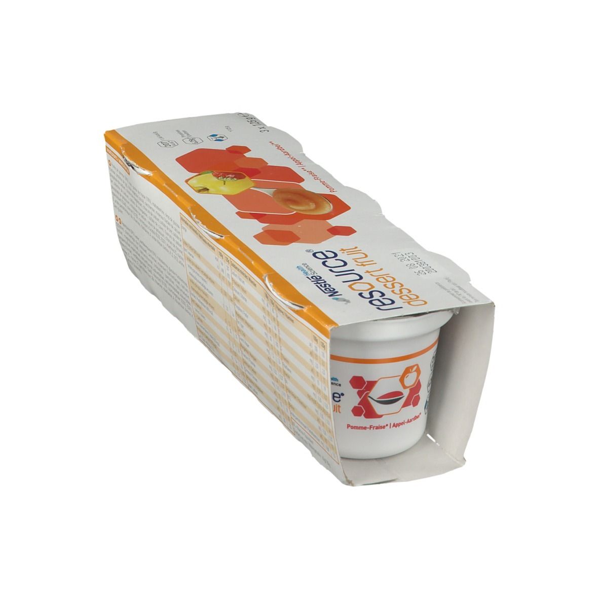 Emballage de trois pots Resource Dessert Fruit. Saveur pomme-fraise. Logos et noms de produits visibles.
