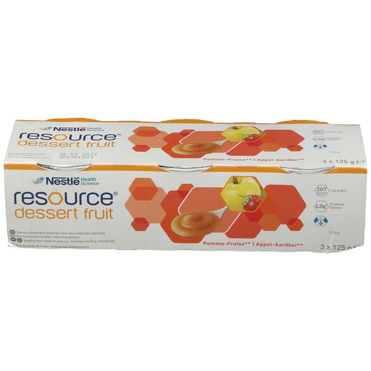 Emballage de trois pots Resource Dessert Fruit. Saveur pomme-fraise. Nom du produit, logo et informations nutritionnelles clairement visibles.